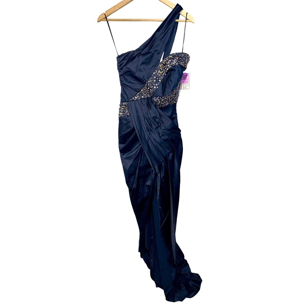 NWT Mandalay Navy Blue One Shoulder Beaded Sequin Evening Gown Dress Size 14 - Picture 2 of 14